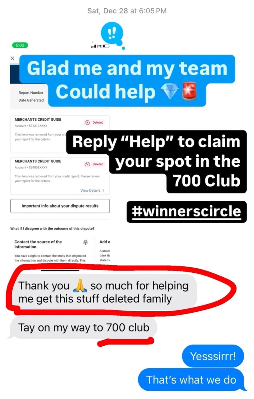 Text conversation showing two Merchants Credit Guide collections deleted, with a client thanking Tay and saying he's on his way to the 700 club