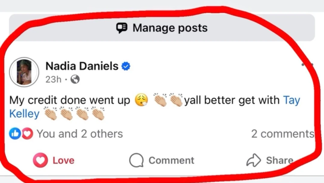 Facebook post from a follower saying her credit went up and recommending Tay Kelley