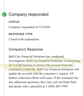 Official response from a collection company confirming the account was removed from all three credit bureaus